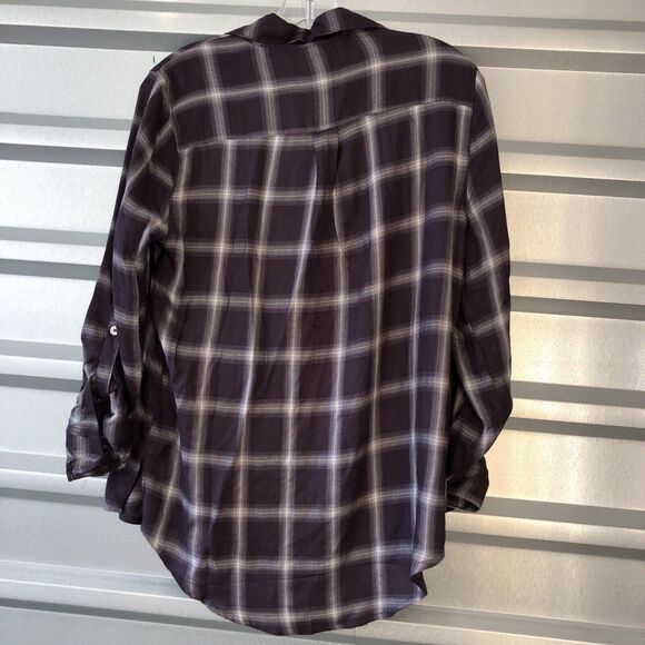 Francescas blue rain button up shirt small long sleeve plaid purple light ti - Picture 8 of 11